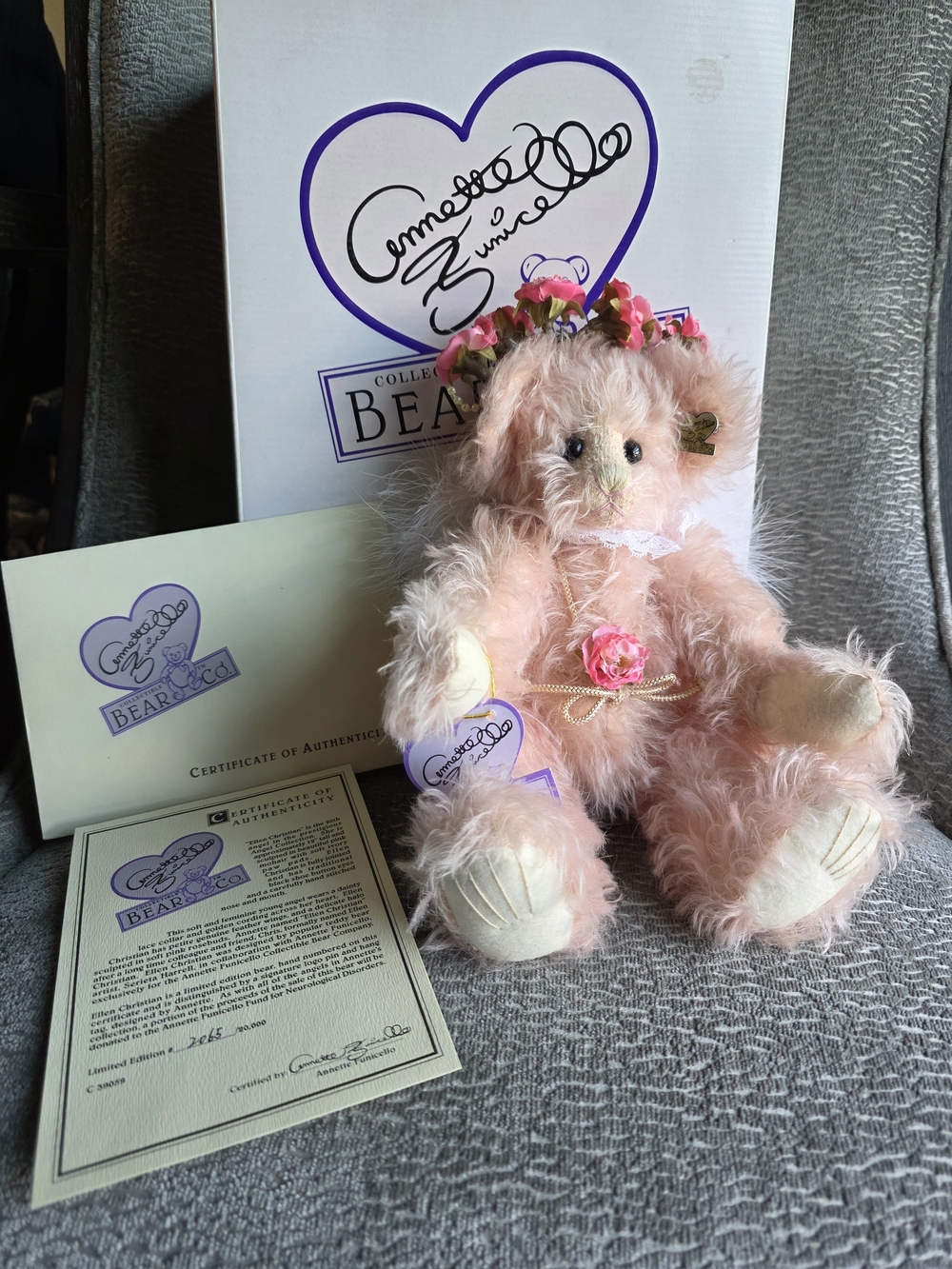 Annette Funicello Collectible Bear Co. Pink Rose Mohair Teddy Angels Wings